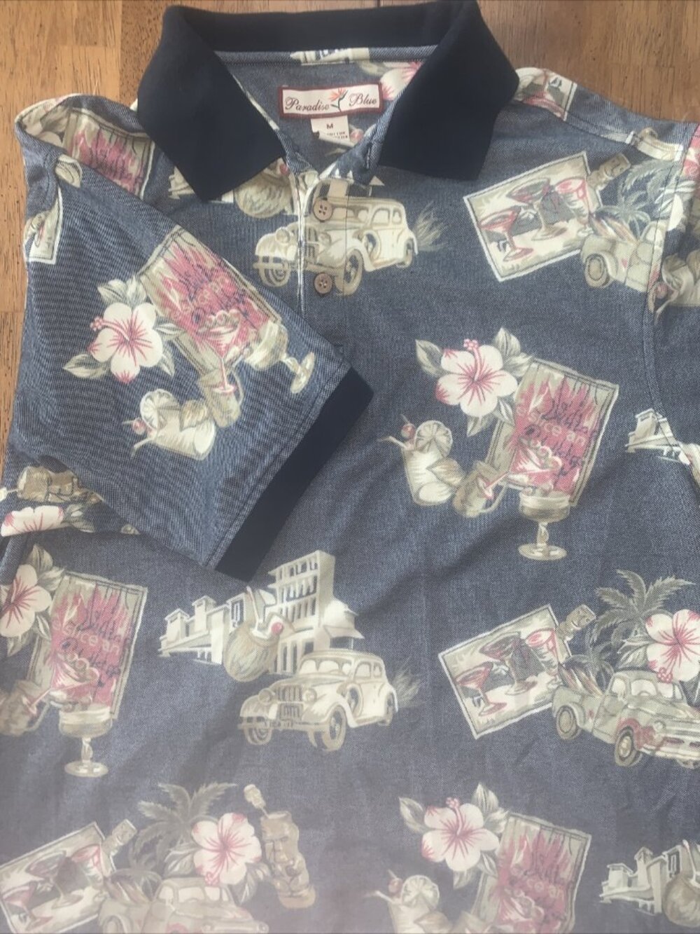 Vintage Paradise Blue Hawaiian Style Men's XL Car Theme Polo Shirt Size M